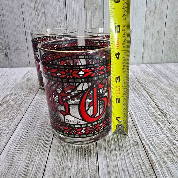 Vtg Houze Glasses Tumblers Season's Greetings Stained Glass Christmas 4" T Set 3 - Picture 6 of 7